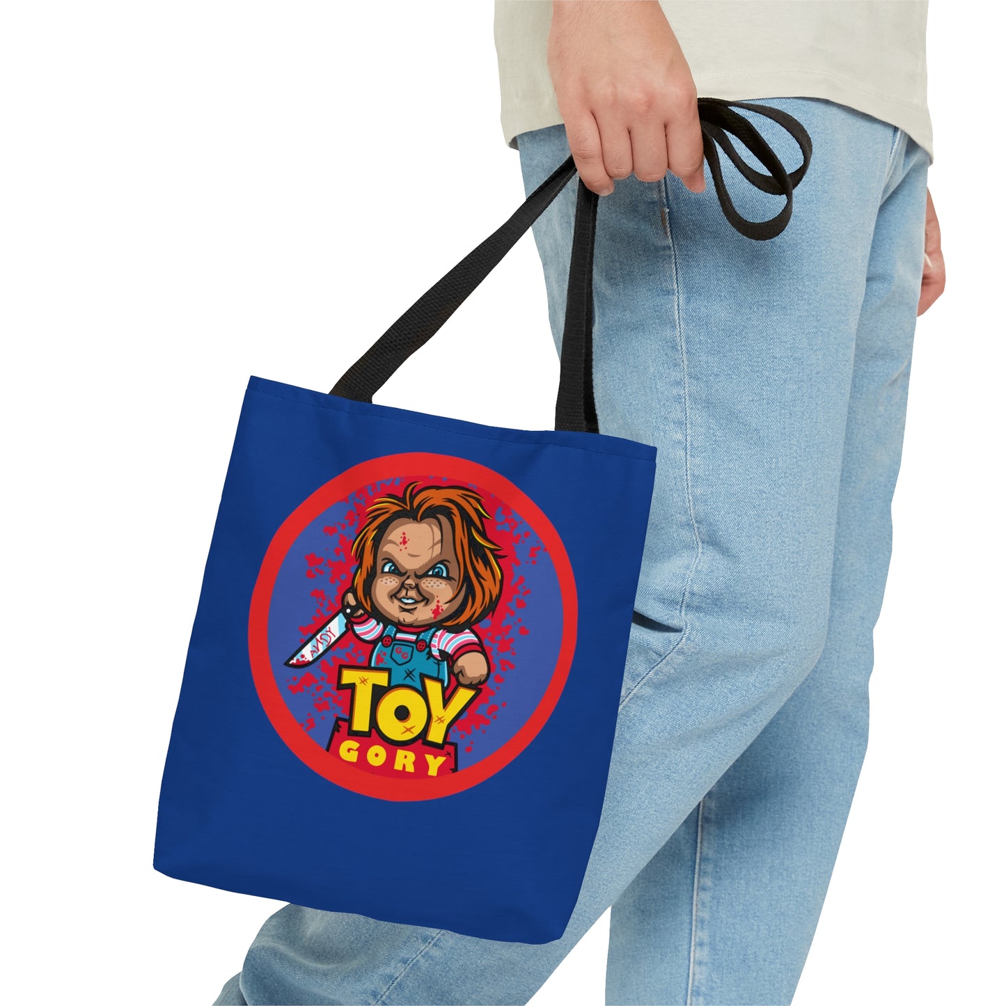 Chucky toy gory tote bag with killer chucky doll and toy story wording