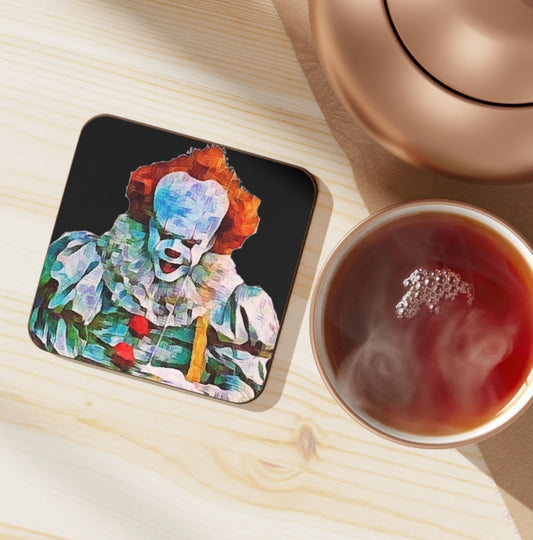 table mockup with tea and a pennywise the clown coaster