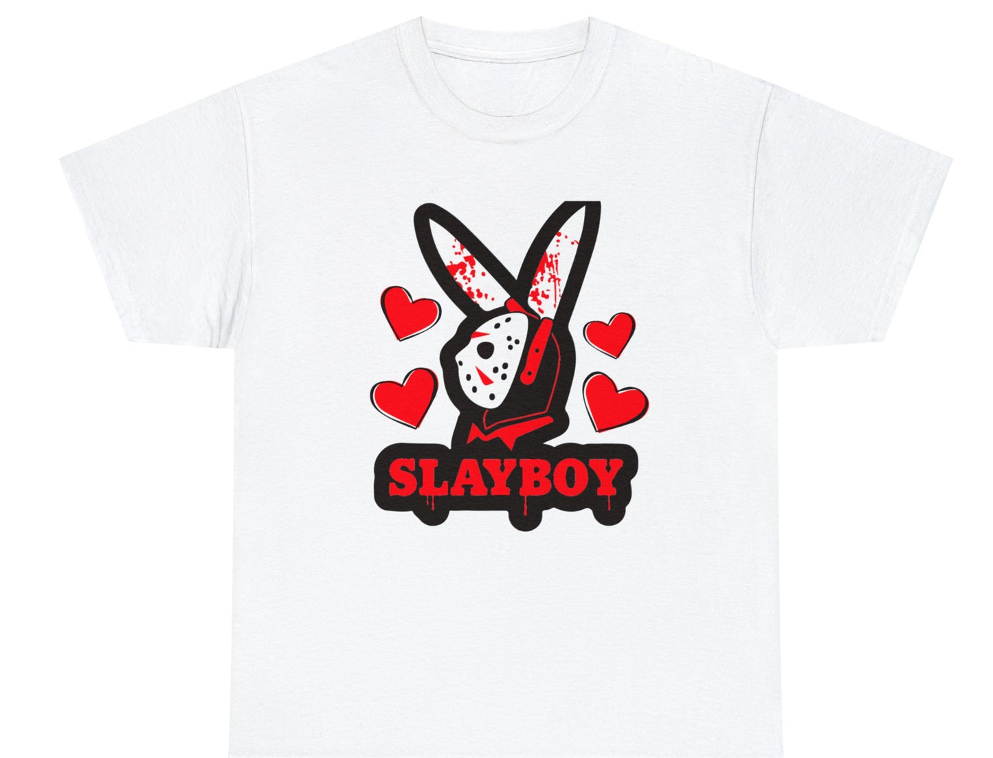 a white tshirt with the words slayboy and jason vorhees from the horror mobie friday the 13th wearing bunny earsa