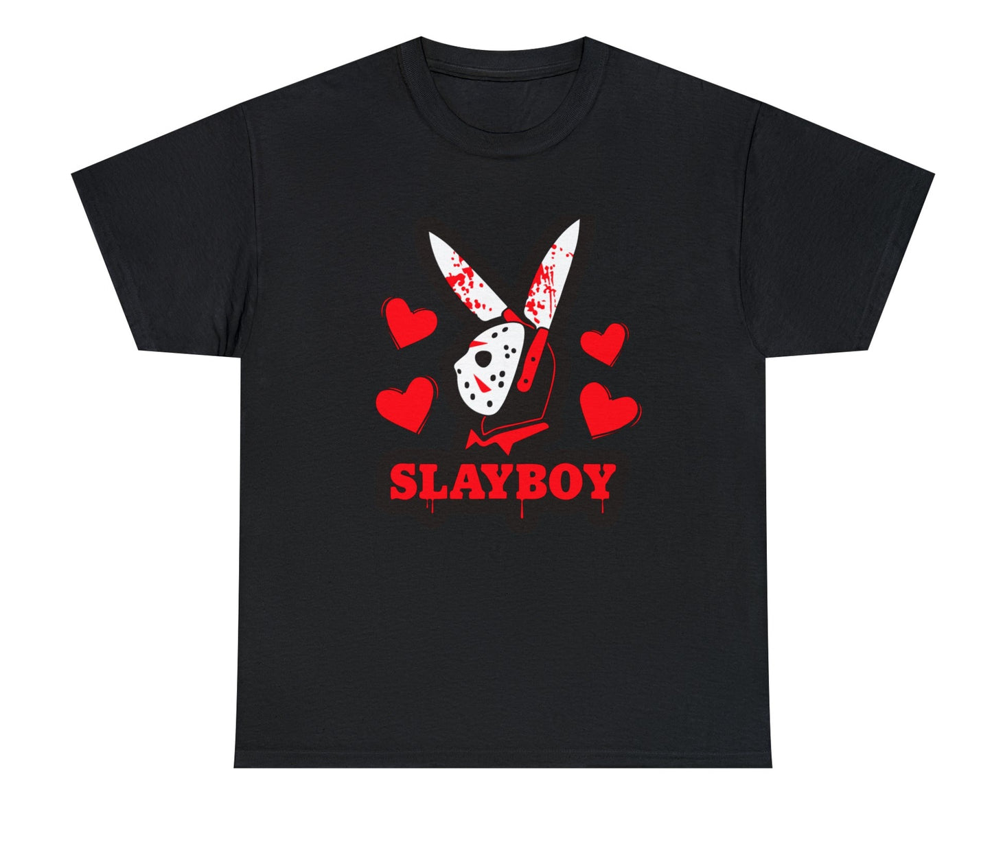 a Black tshirt with the words slayboy and jason vorhees from the horror mobie friday the 13th wearing bunny earsason vosee