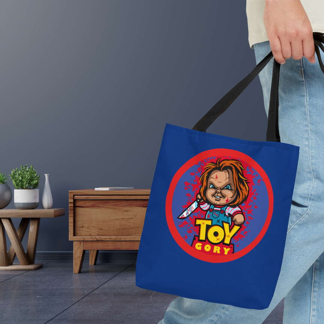 Chucky toy gory tote bag with killer chucky doll and toy story wording