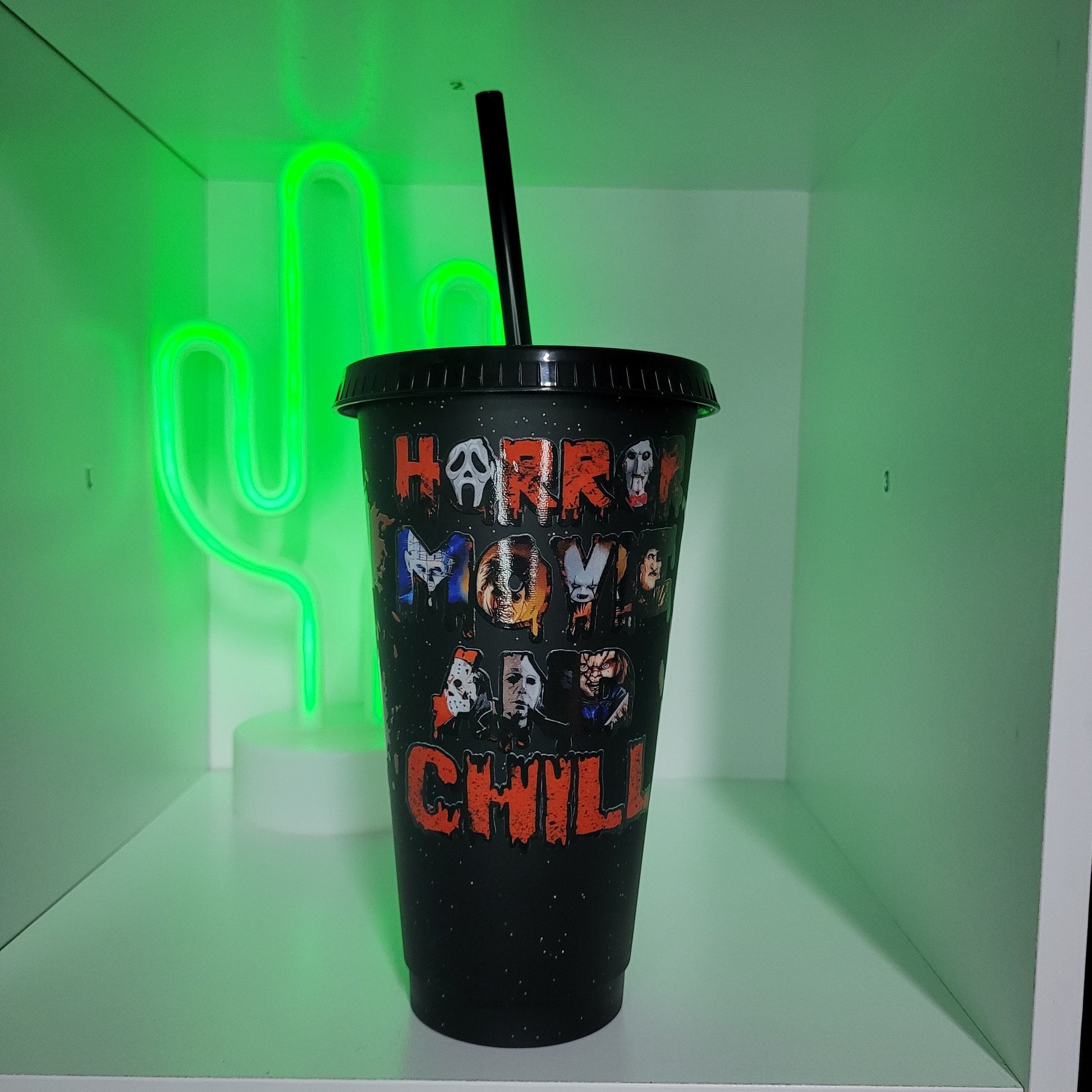 plastic tumbler horror movie and chill black with straw and lid