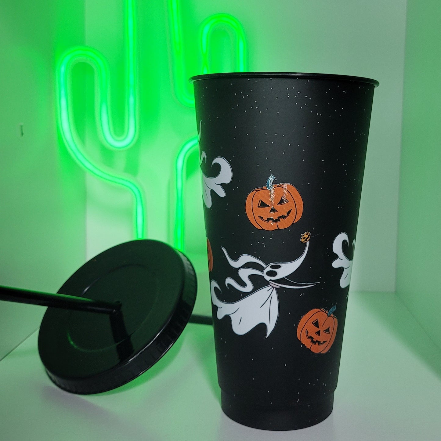 Black plastic tumbler with straw Ghost dog and pumpkin halloween