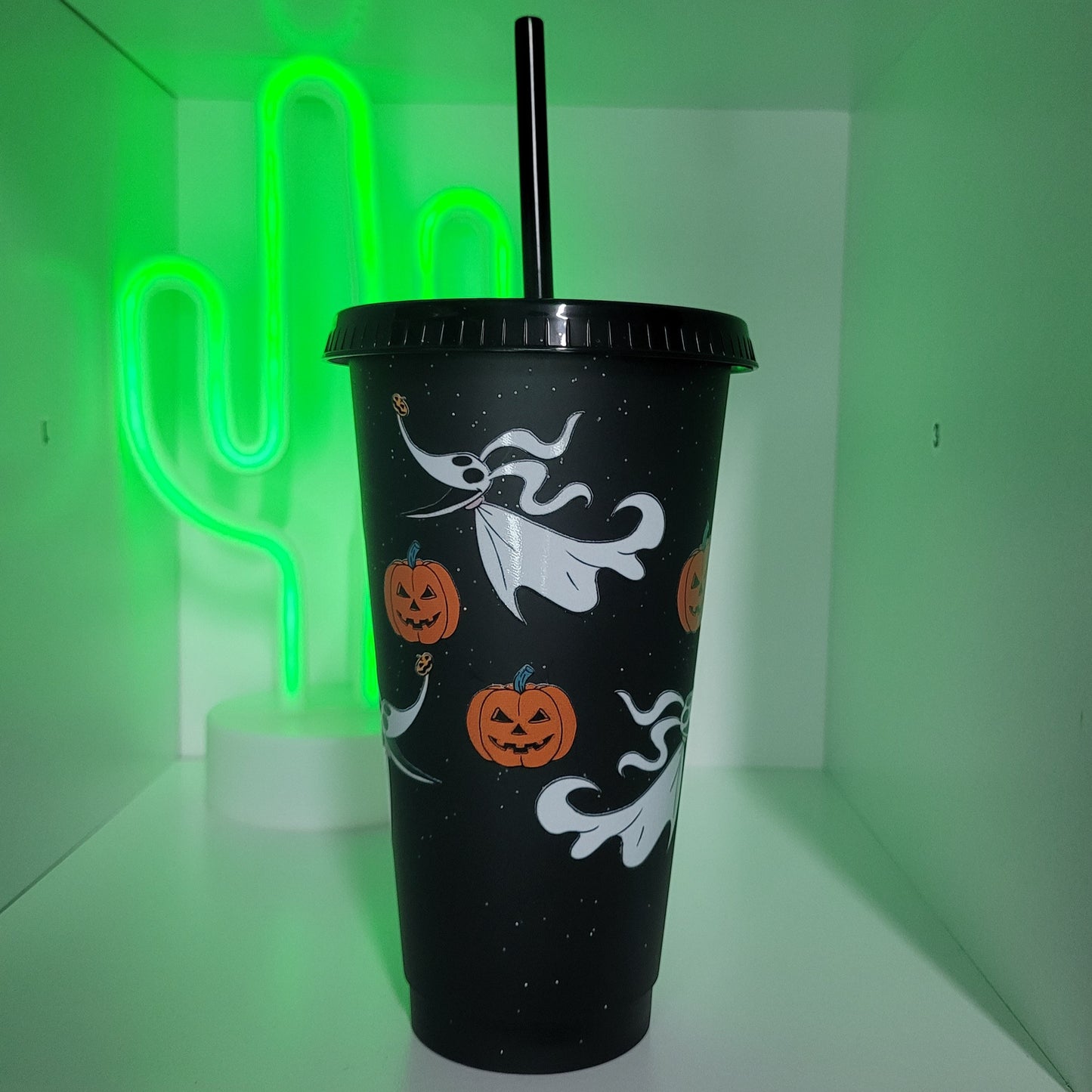 Black plastic tumbler with straw Ghost dog and pumpkin halloween