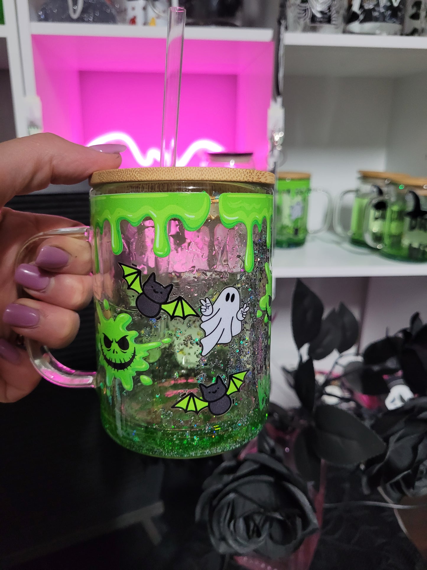 Green Ghouls Snowglobe Glass Mug - Eva Jean & Co