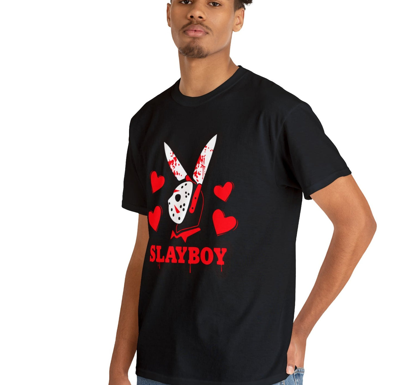 a Black tshirt with the words slayboy and jason vorhees from the horror mobie friday the 13th wearing bunny earsa