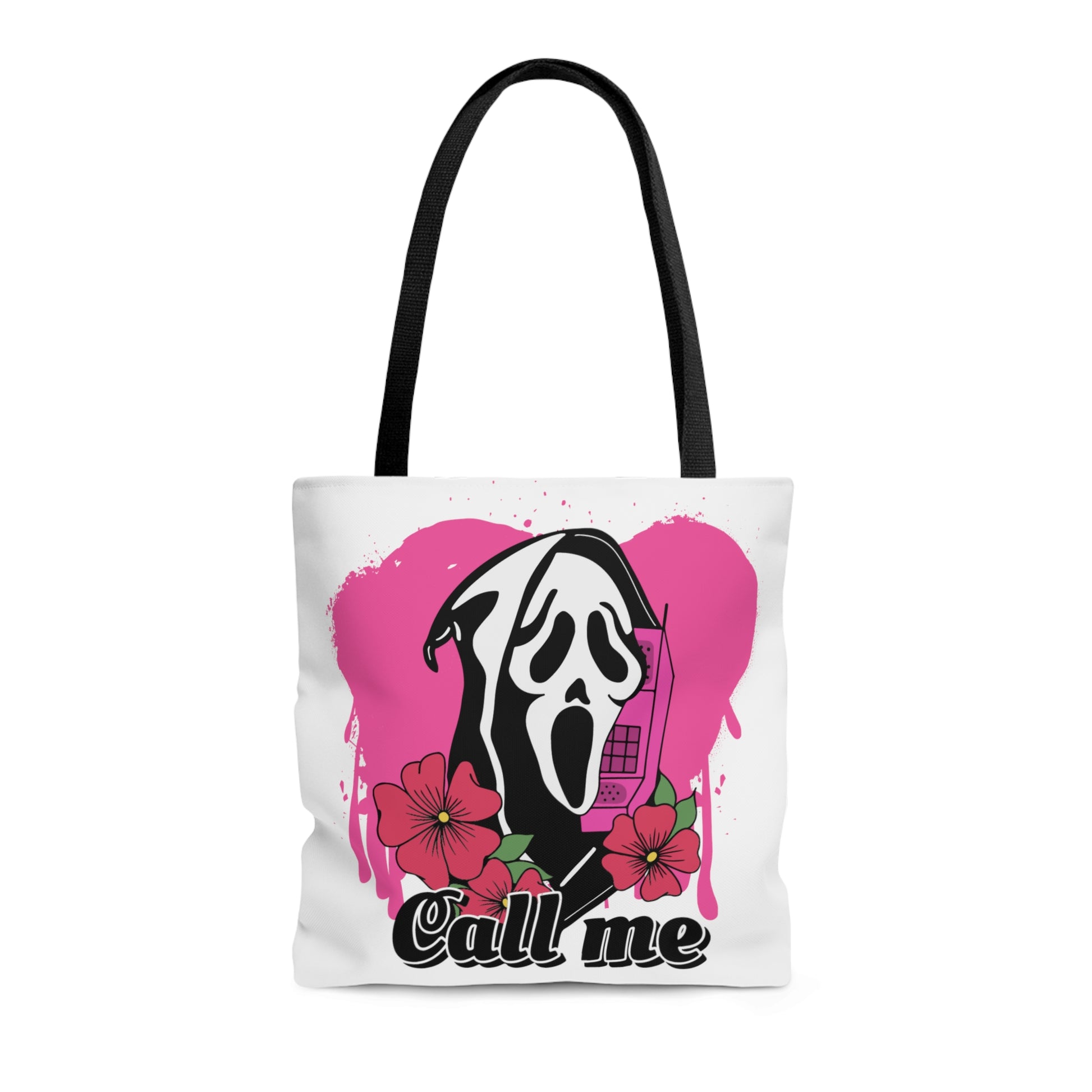 white tote bag with black handle. Ghostface scream killer character with a phone and the words call me