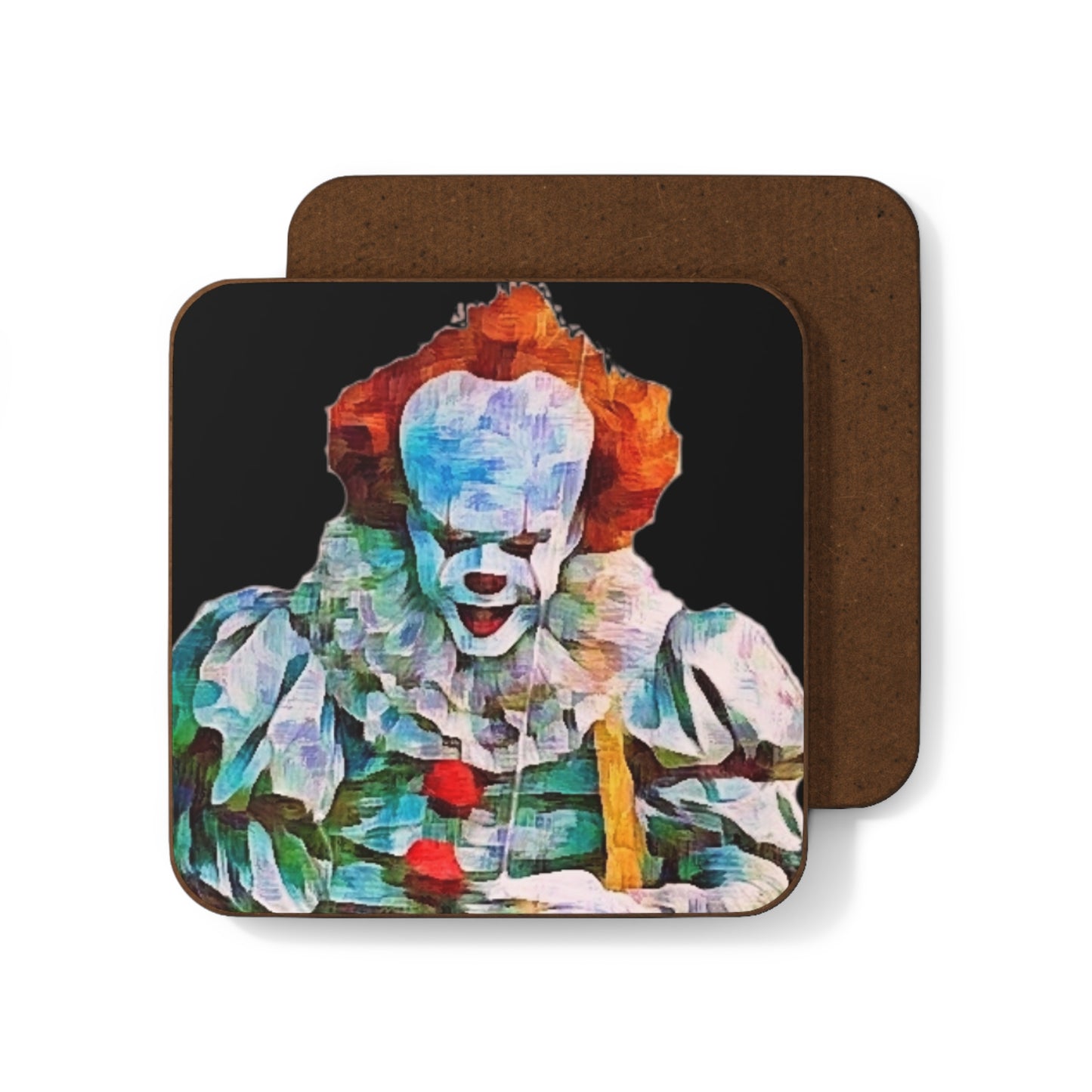 A coaster featuting a painting of pennywise the clown with a back background