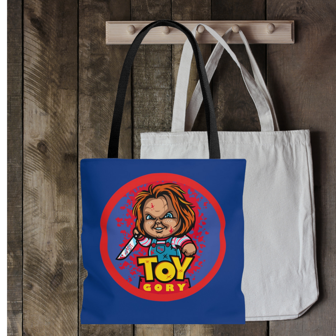 Chucky toy gory tote bag with killer chucky doll and toy story wording