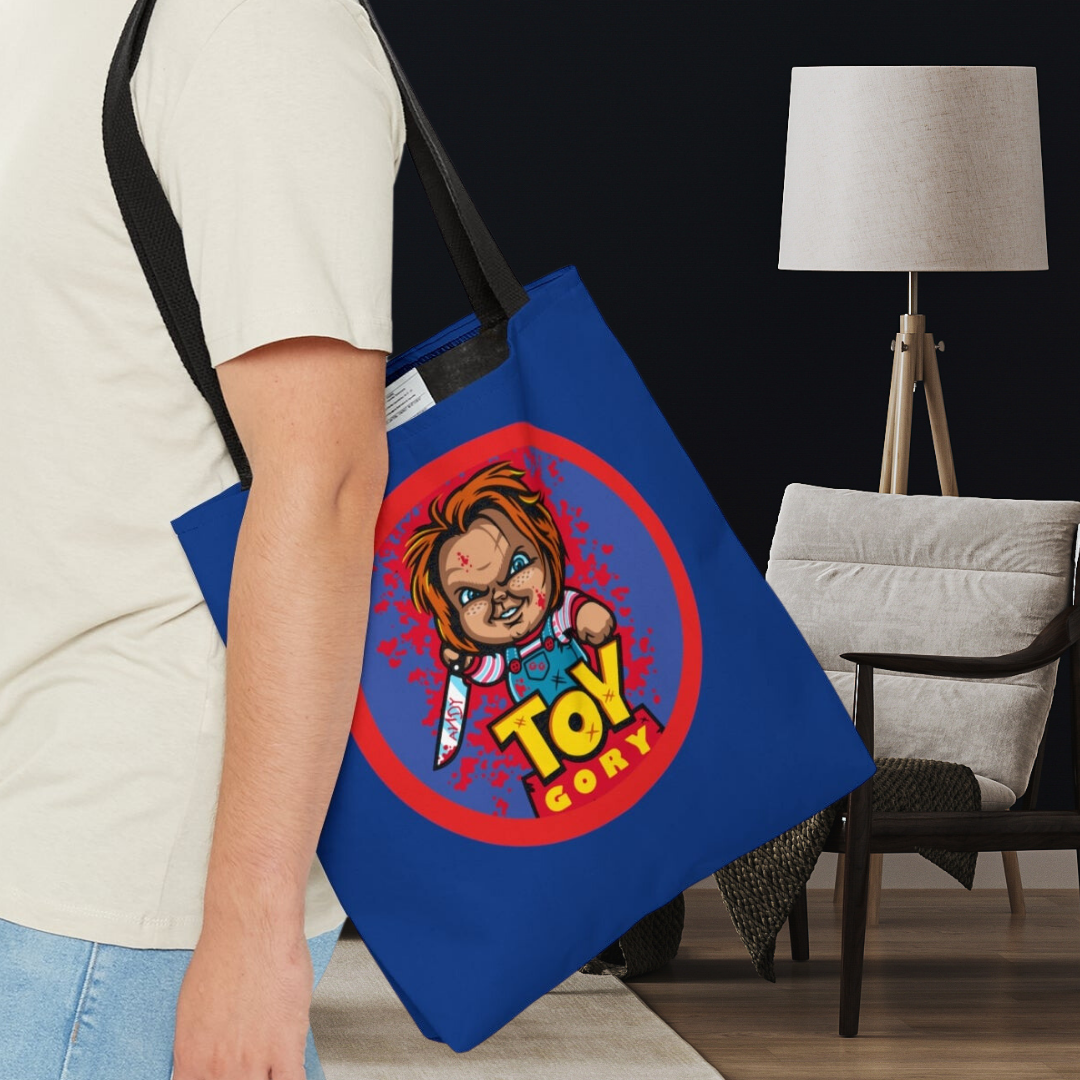 Chucky toy gory tote bag with killer chucky doll and toy story wording