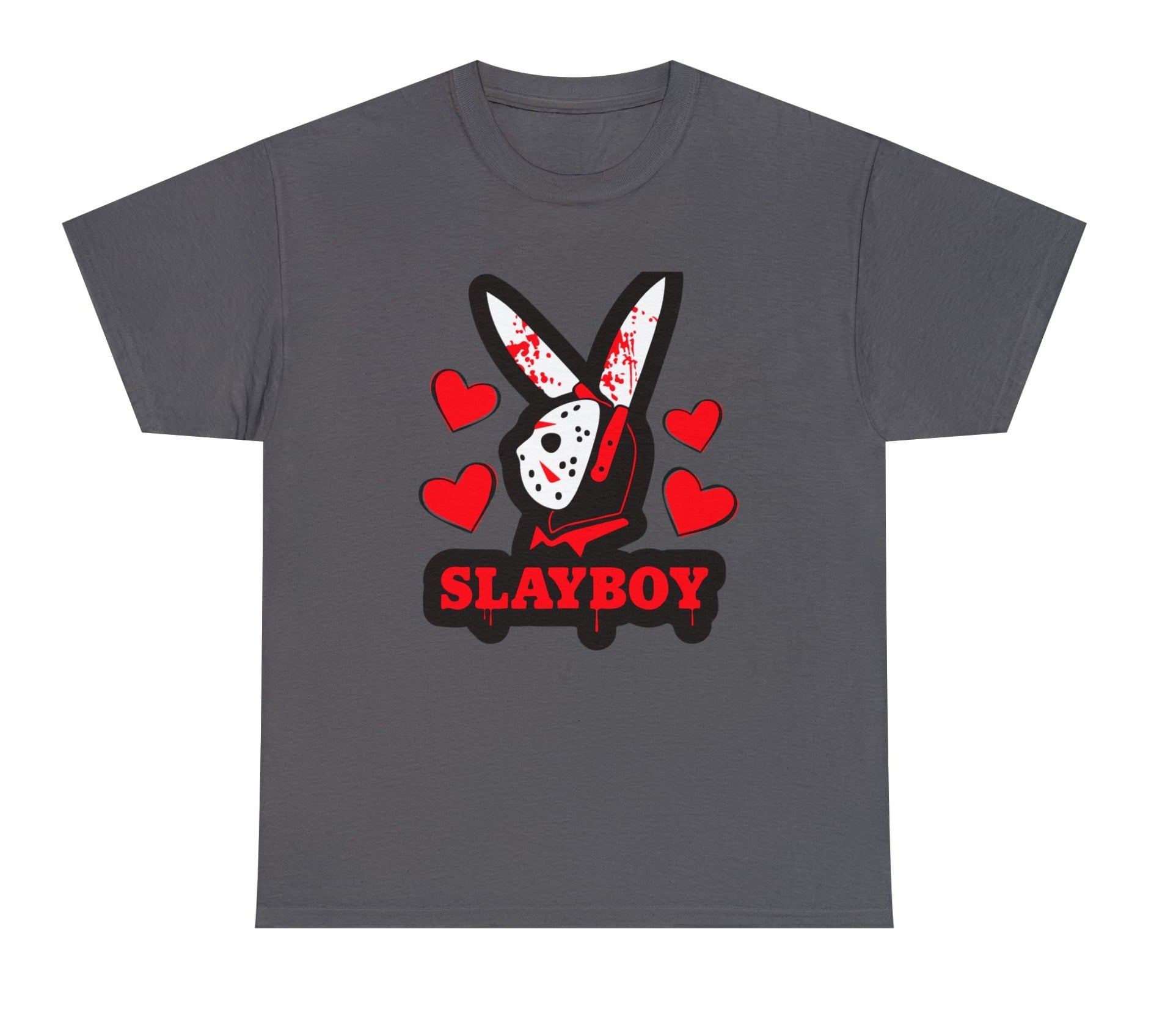 a grey tshirt with the words slayboy and jason vorhees from the horror mobie friday the 13th wearing bunny earsa