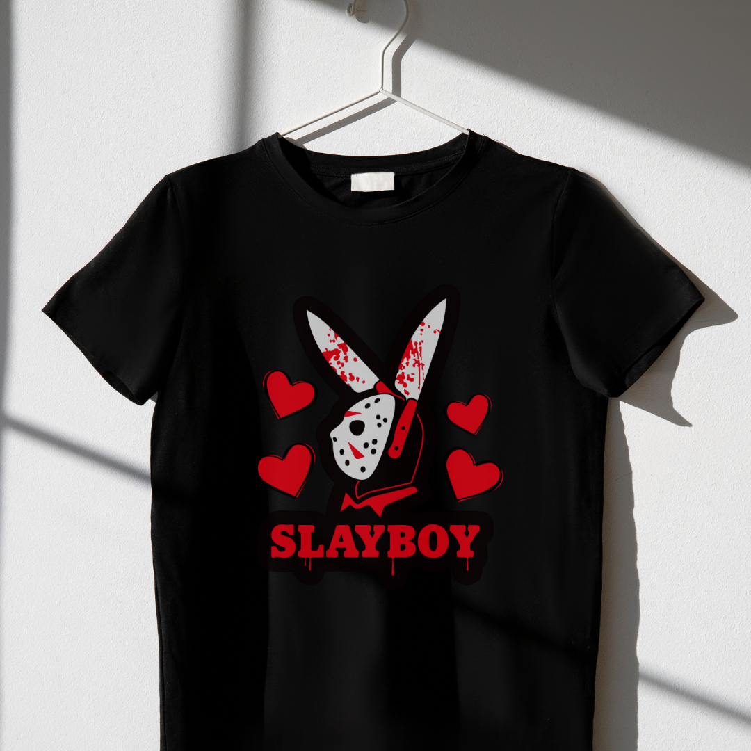 a Black tshirt with the words slayboy and jason vorhees from the horror mobie friday the 13th wearing bunny earsason vosee