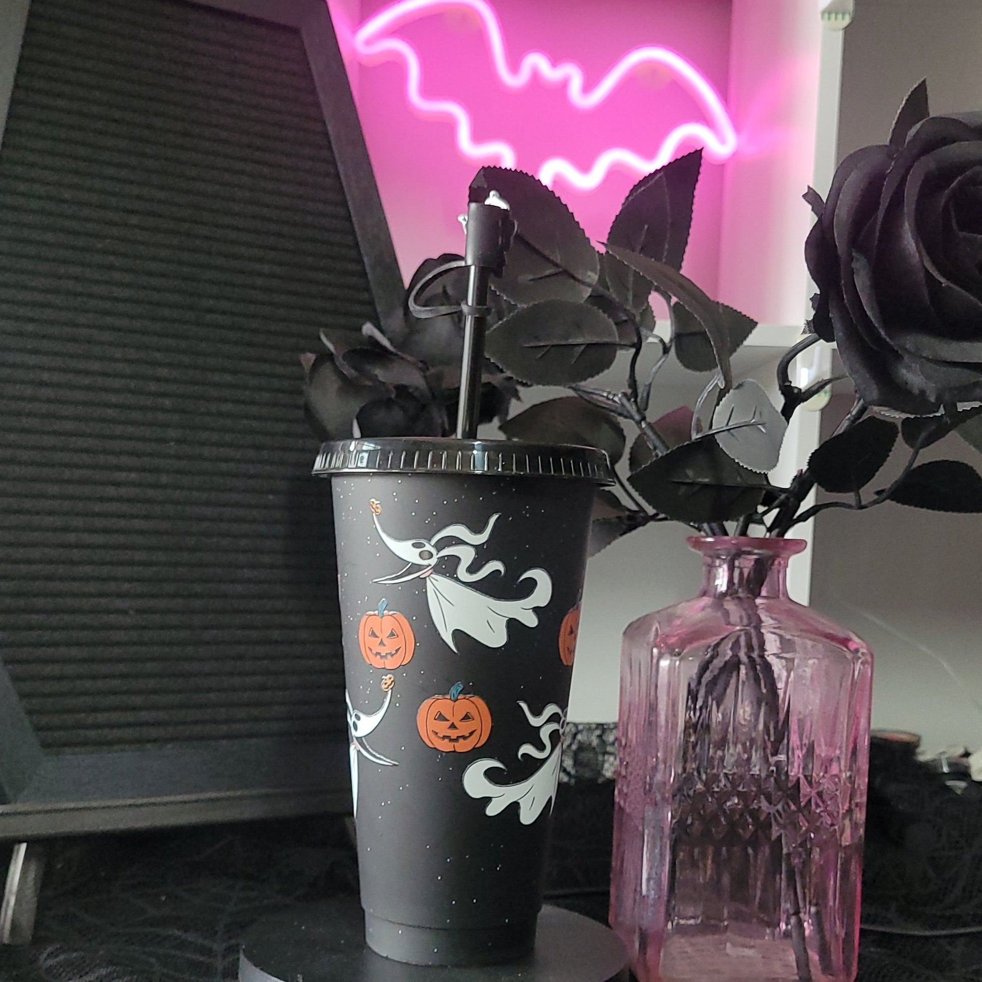 Pumpkin Ghost Black Plastic Tumbler Eva Jean and Co