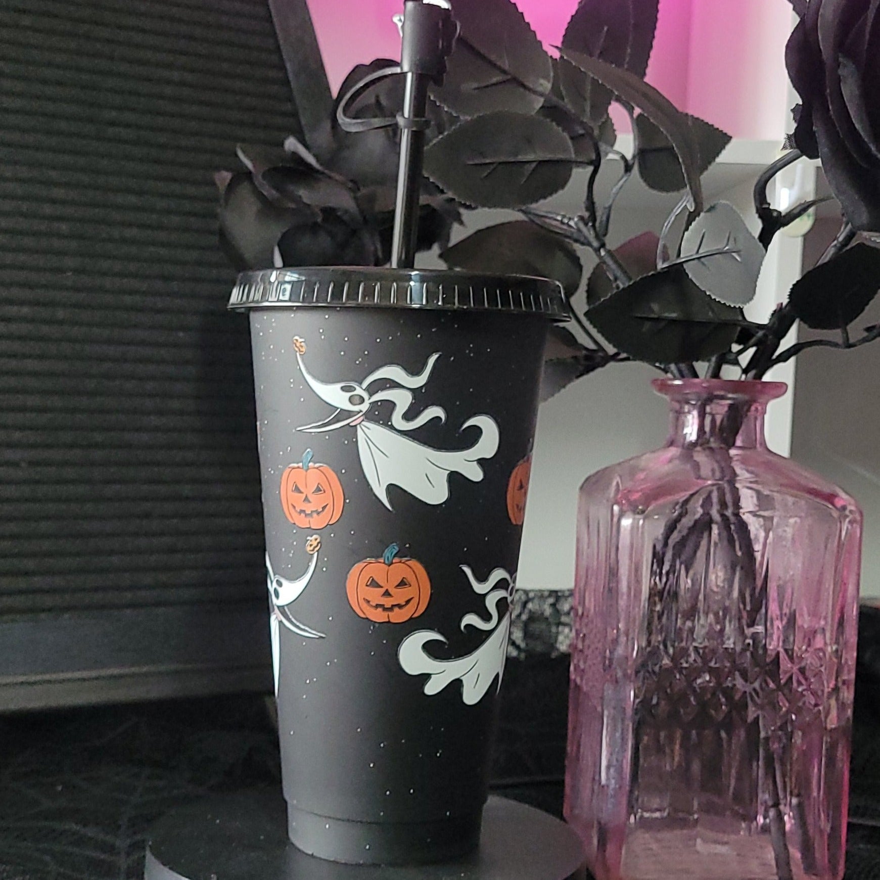 Pumpkin Ghost Black Plastic Tumbler Eva Jean and Co