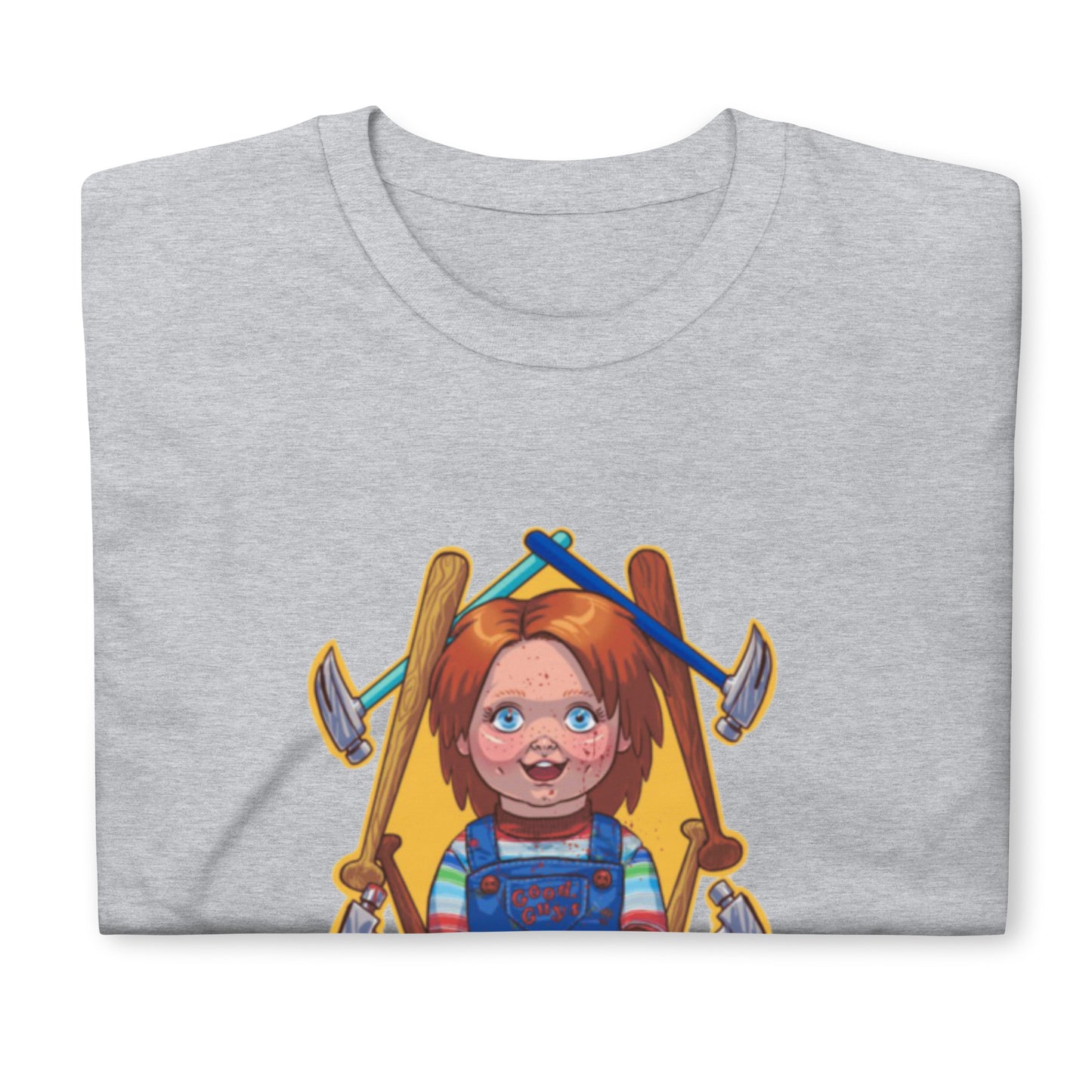  Retro style tshit with the  words wanna play and good guy doll chucky from childs play horror movie