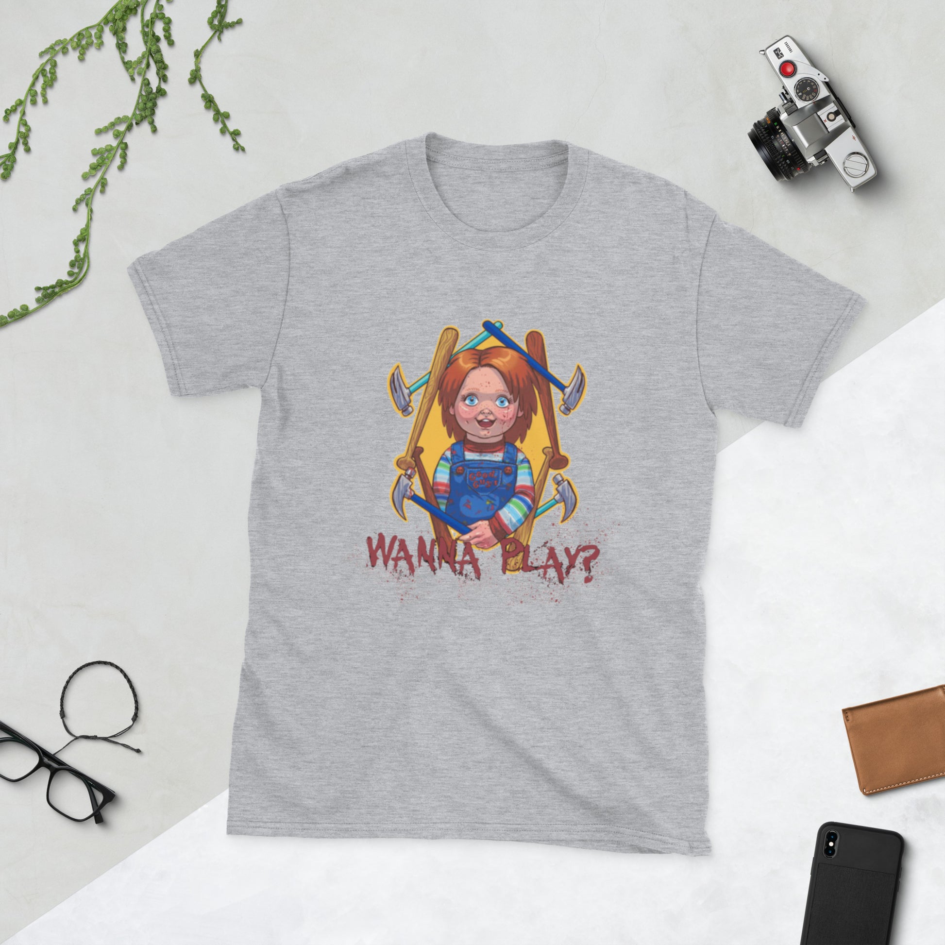  Retro style tshit with the  words wanna play and good guy doll chucky from childs play horror movie