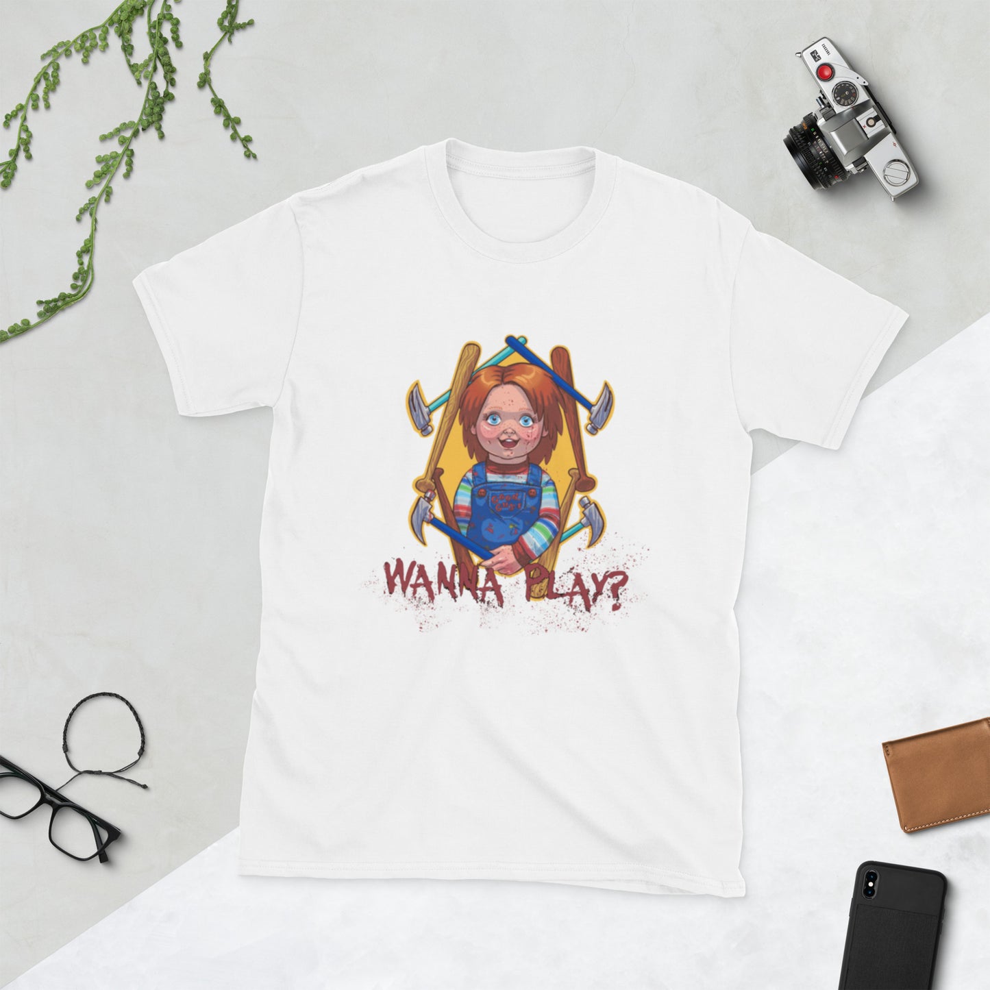  Retro style tshit with the  words wanna play and good guy doll chucky from childs play horror movie