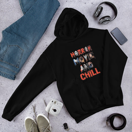 Hoodie with horror movie killers and the words horror movie and chill