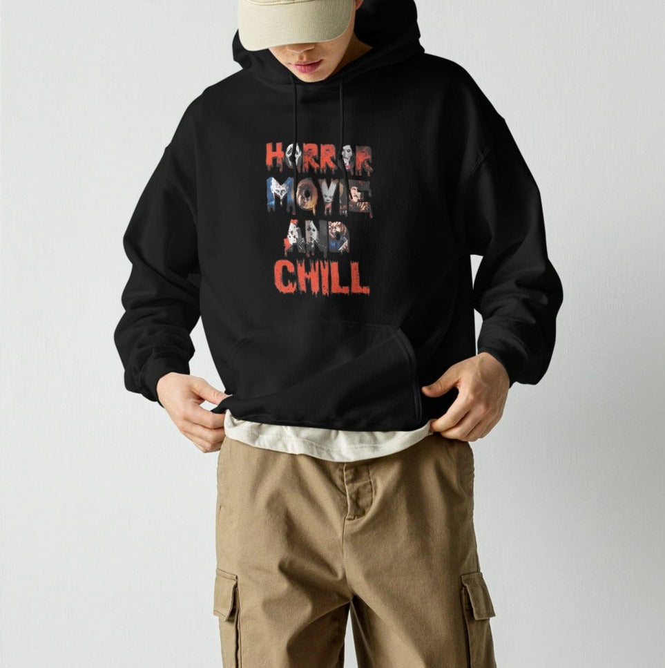 Hoodie with horror movie killers and the words horror movie and chill