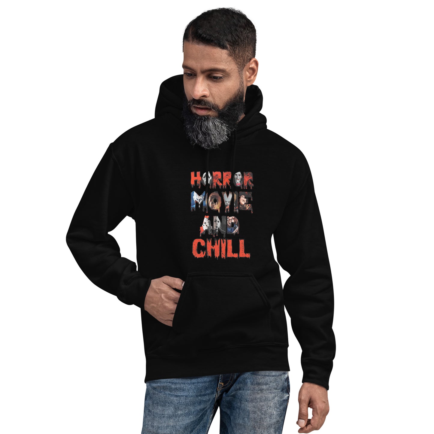 Hoodie with horror movie killers and the words horror movie and chill