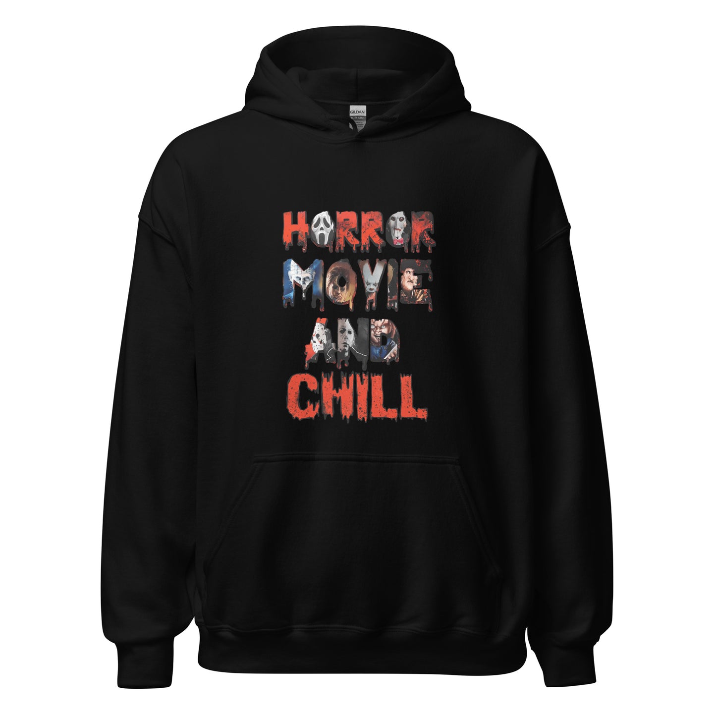 Hoodie with horror movie killers and the words horror movie and chill