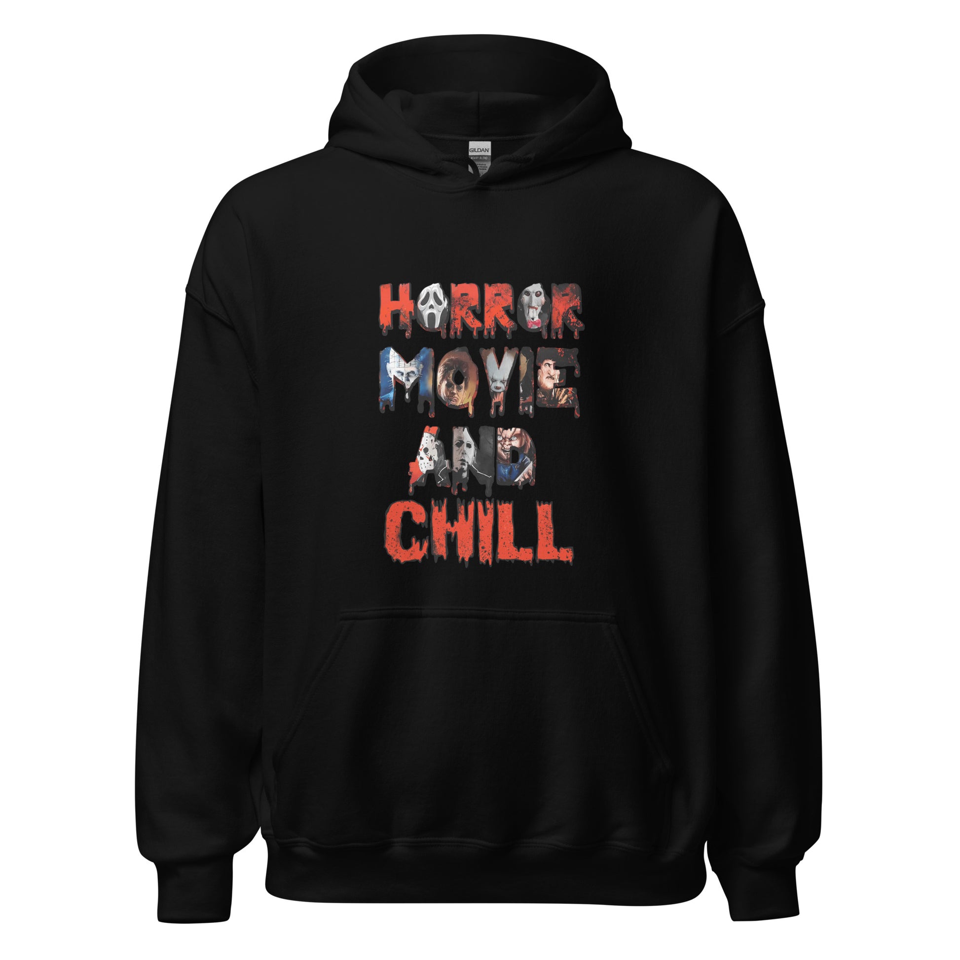 Hoodie with horror movie killers and the words horror movie and chill