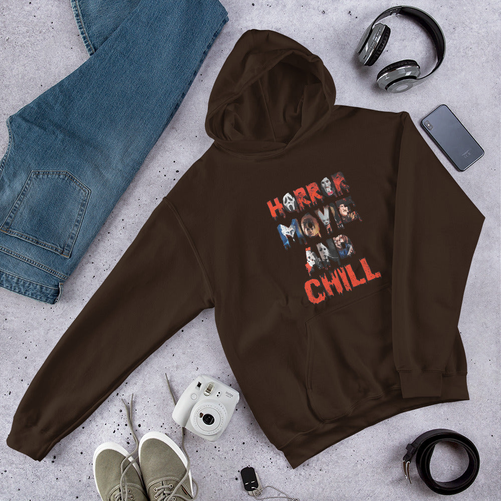 Hoodie with horror movie killers and the words horror movie and chill