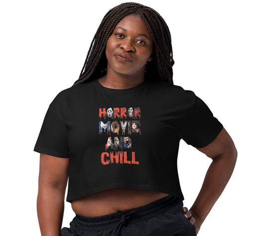 Womans Black cropped T-shirt with Horror movie killers and the words horror movie and chill