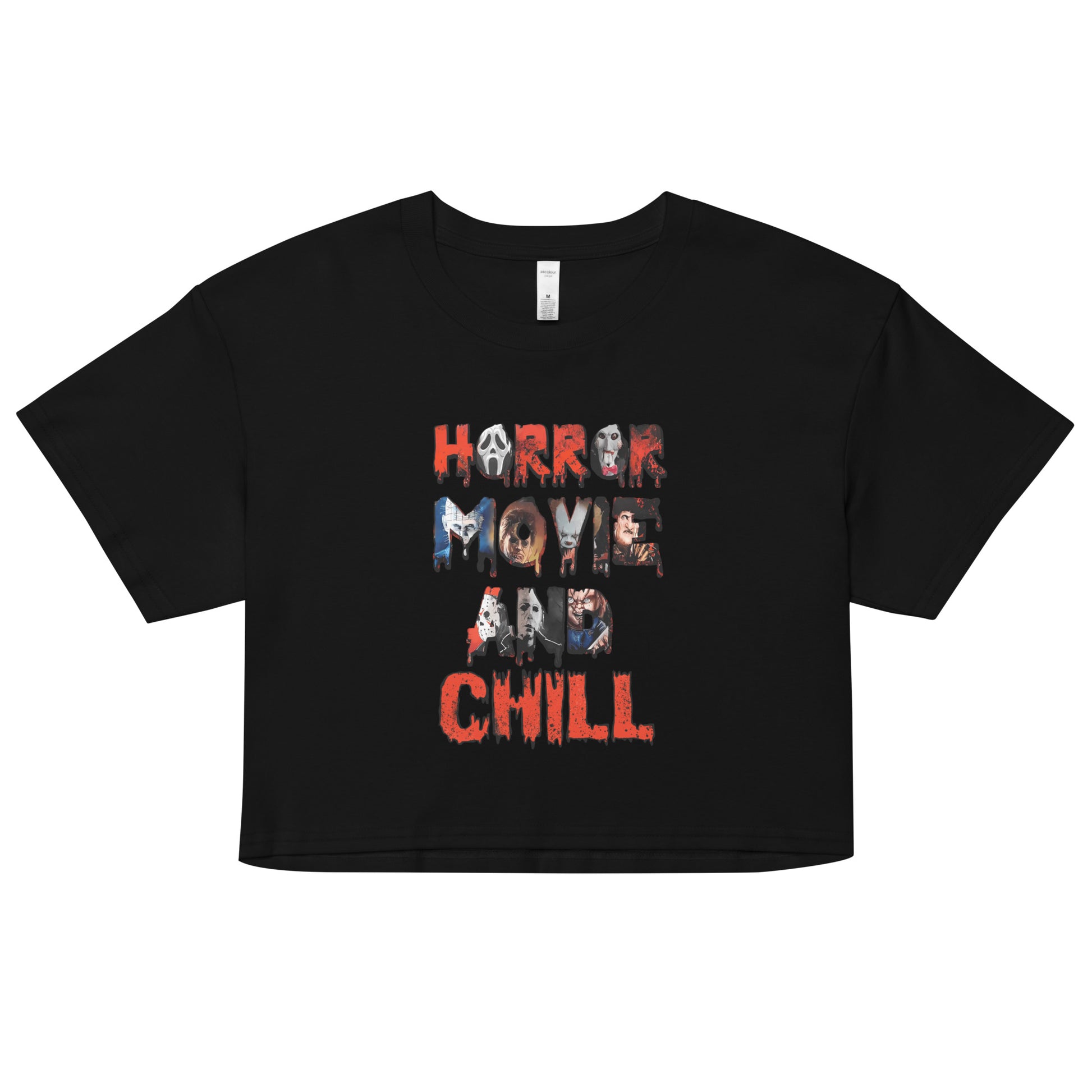 Womans Black cropped T-shirt with Horror movie killers and the words horror movie and chill