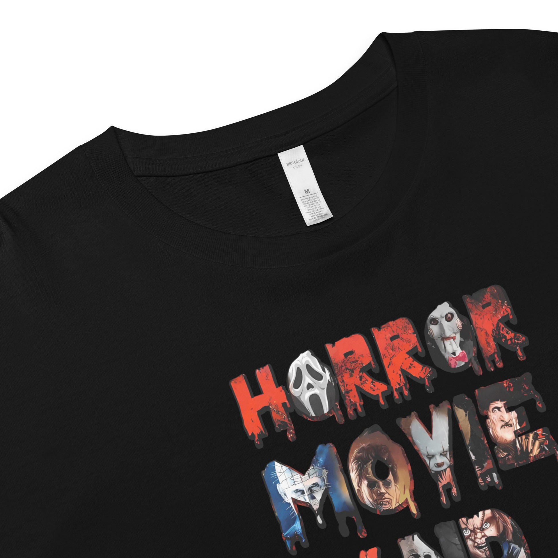 Womans Black cropped T-shirt with Horror movie killers and the words horror movie and chill