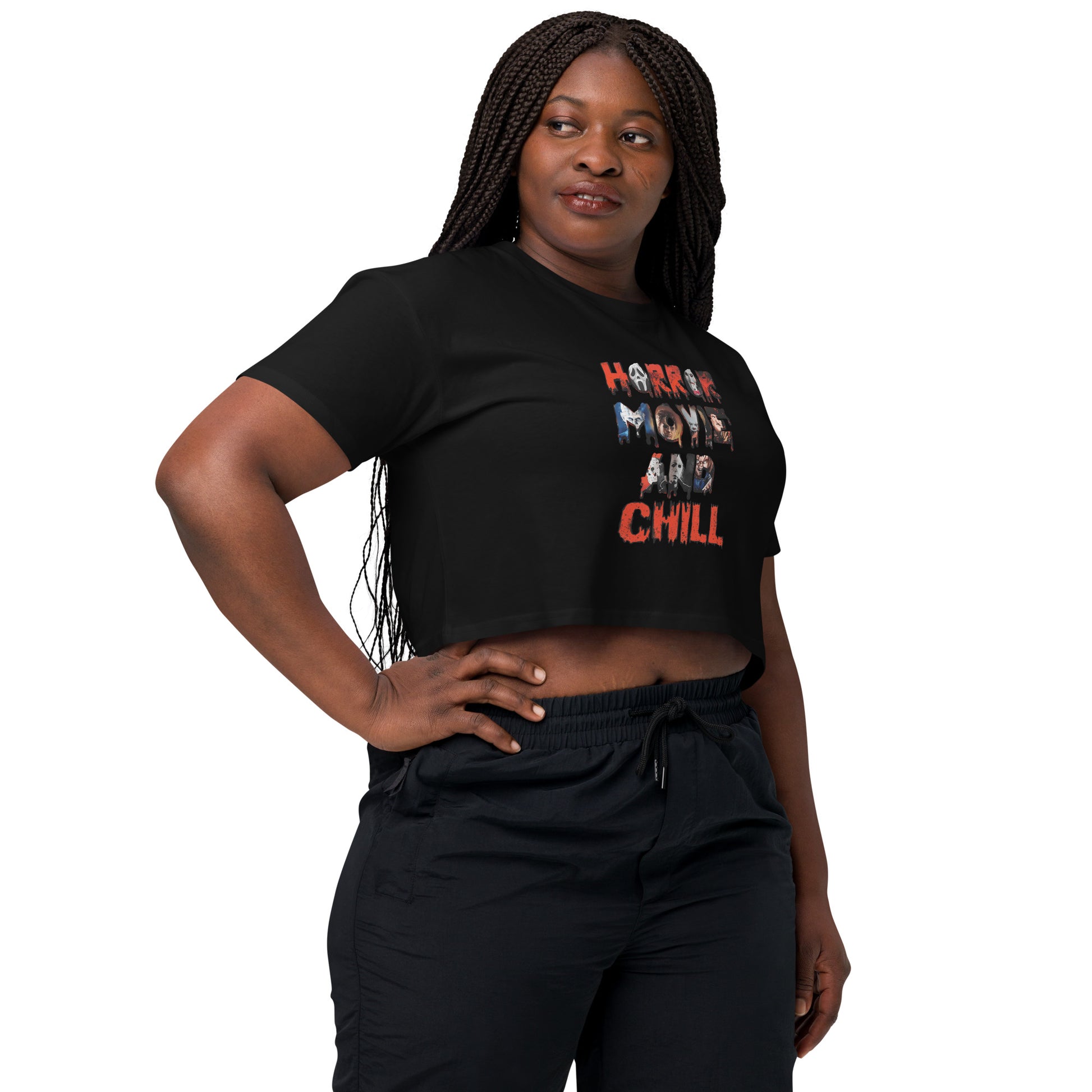 Womans Black cropped T-shirt with Horror movie killers and the words horror movie and chill